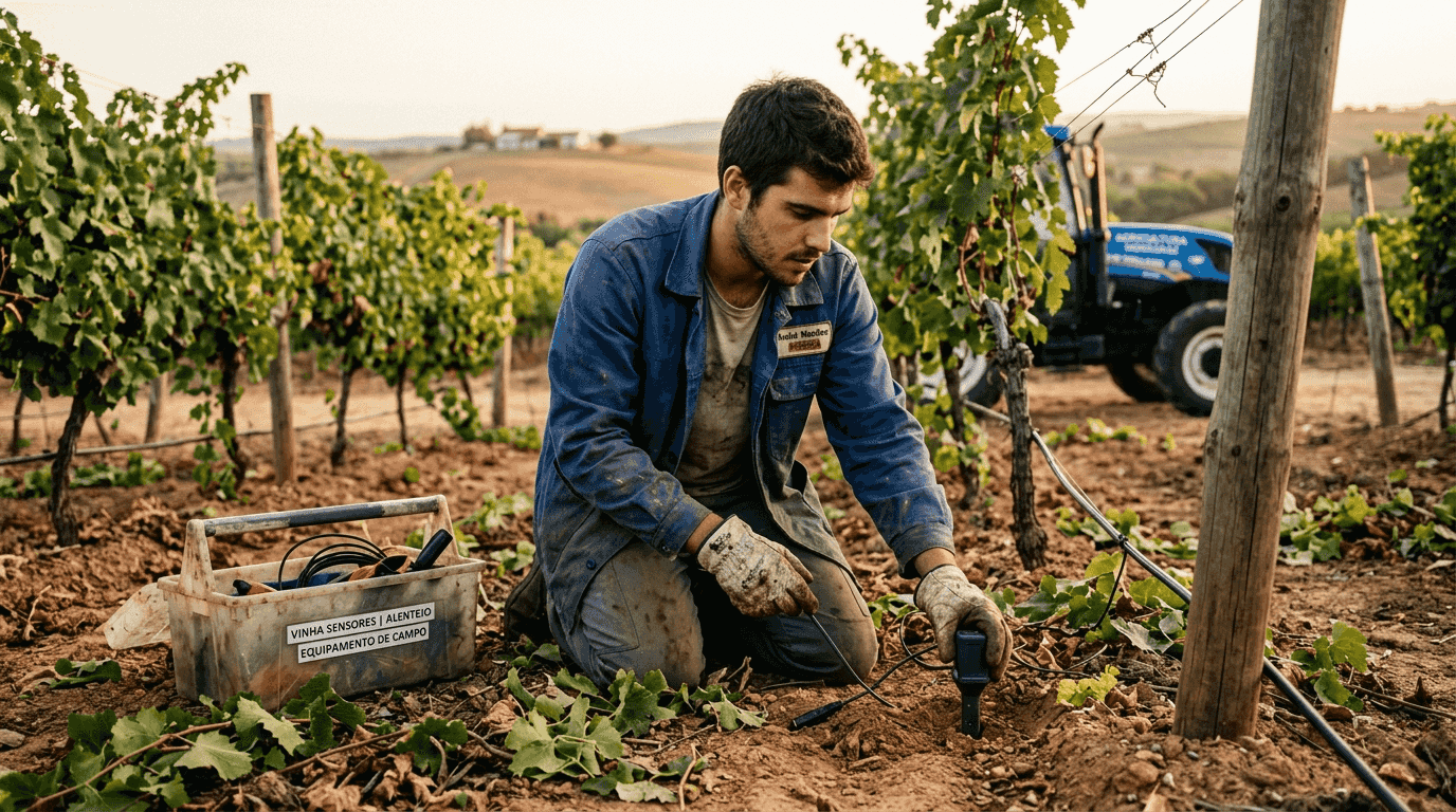Especialista instala sensores numa vinha alentejana