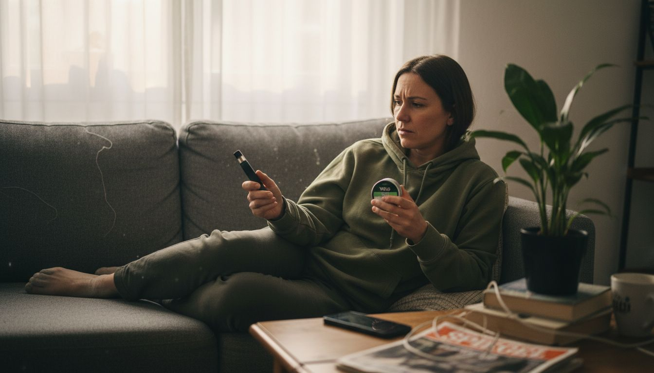 Eine Frau fragt sich zu Hause, ob sie lieber Snus oder zur E-Zigarette greifen soll.