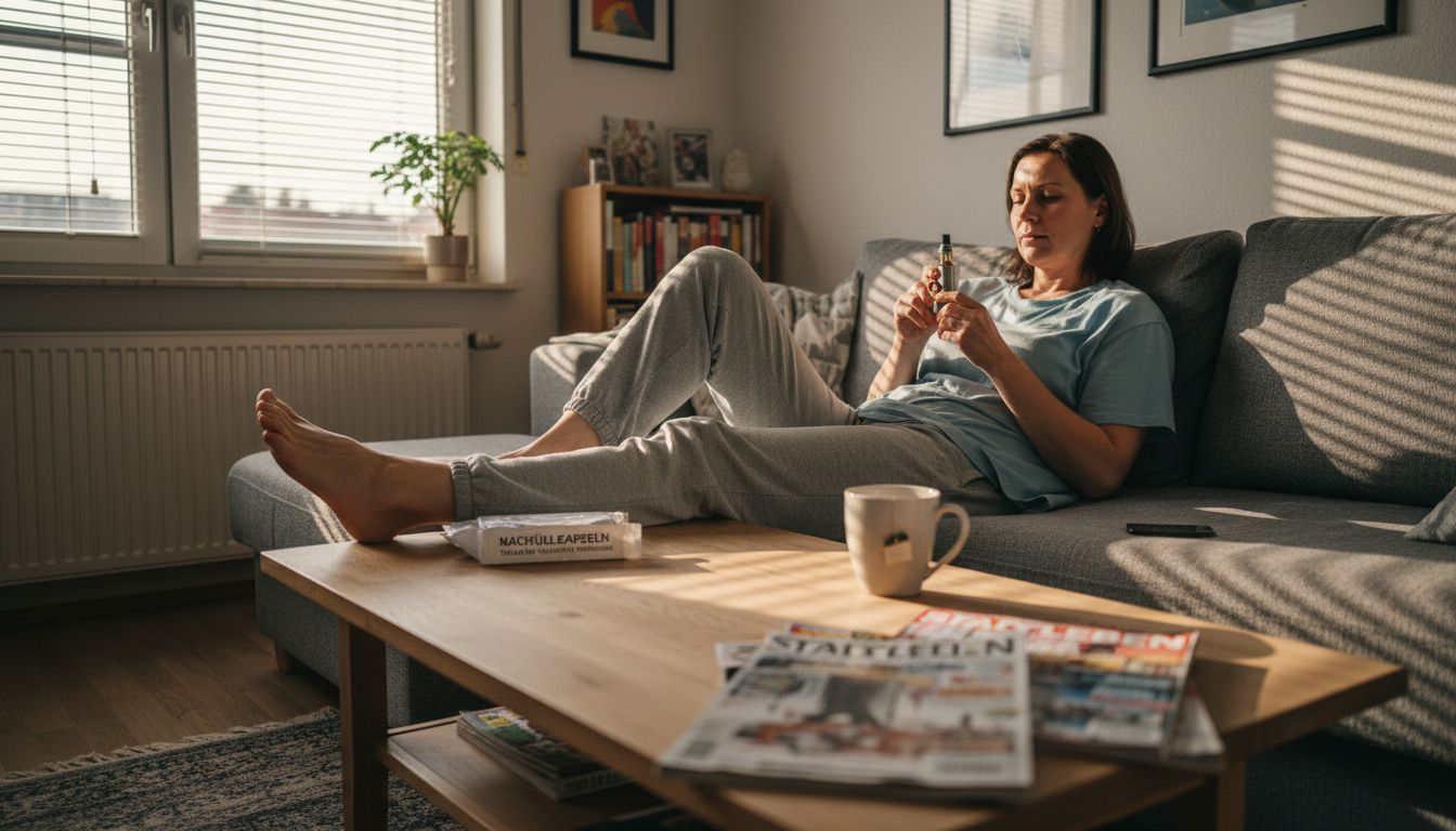 Eine Frau sitzt entspannt auf dem Sofa und bereitet ihr E-Zigaretten-Pod vor.