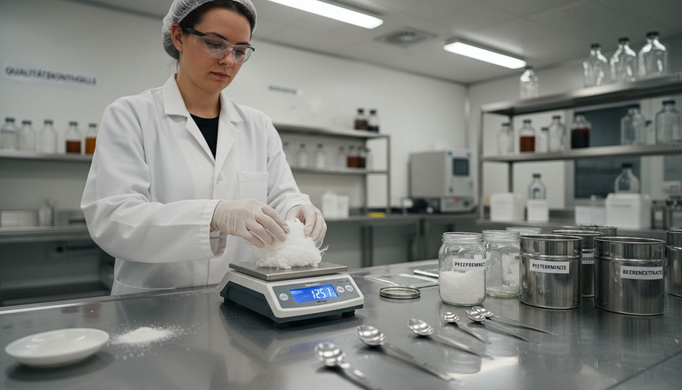 Eine Frau kontrolliert sorgfältig die Zutaten, bevor sie Snus herstellt.