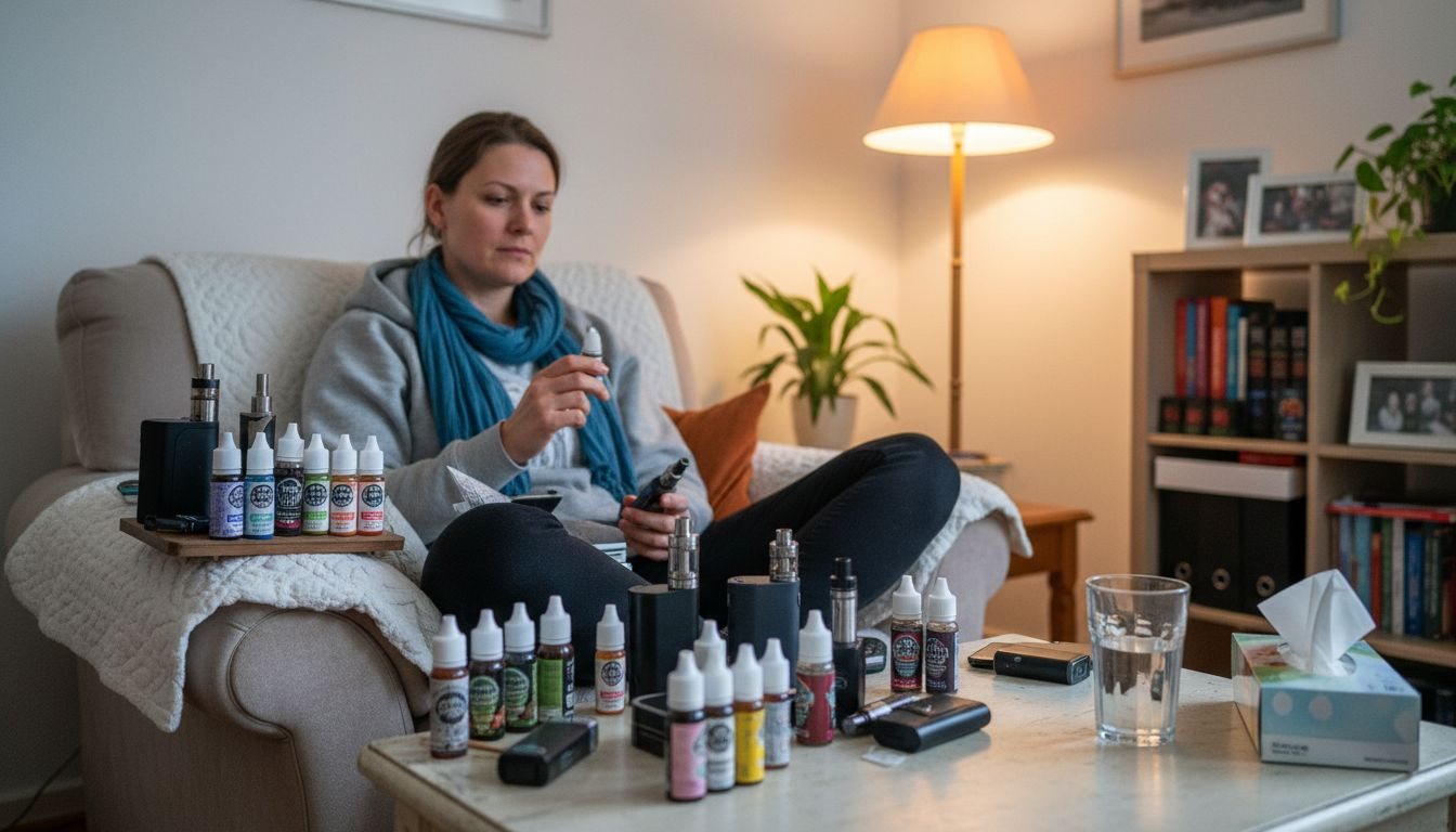 Im Wohnzimmer räumt eine Frau ihre Vape-Geräte ordentlich zusammen.