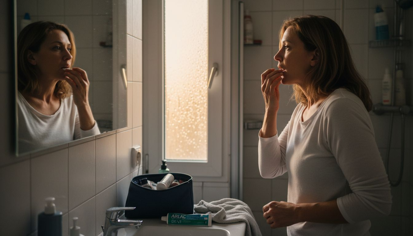 Frau legt im Spiegel einen Nikotinbeutel unter die Lippe