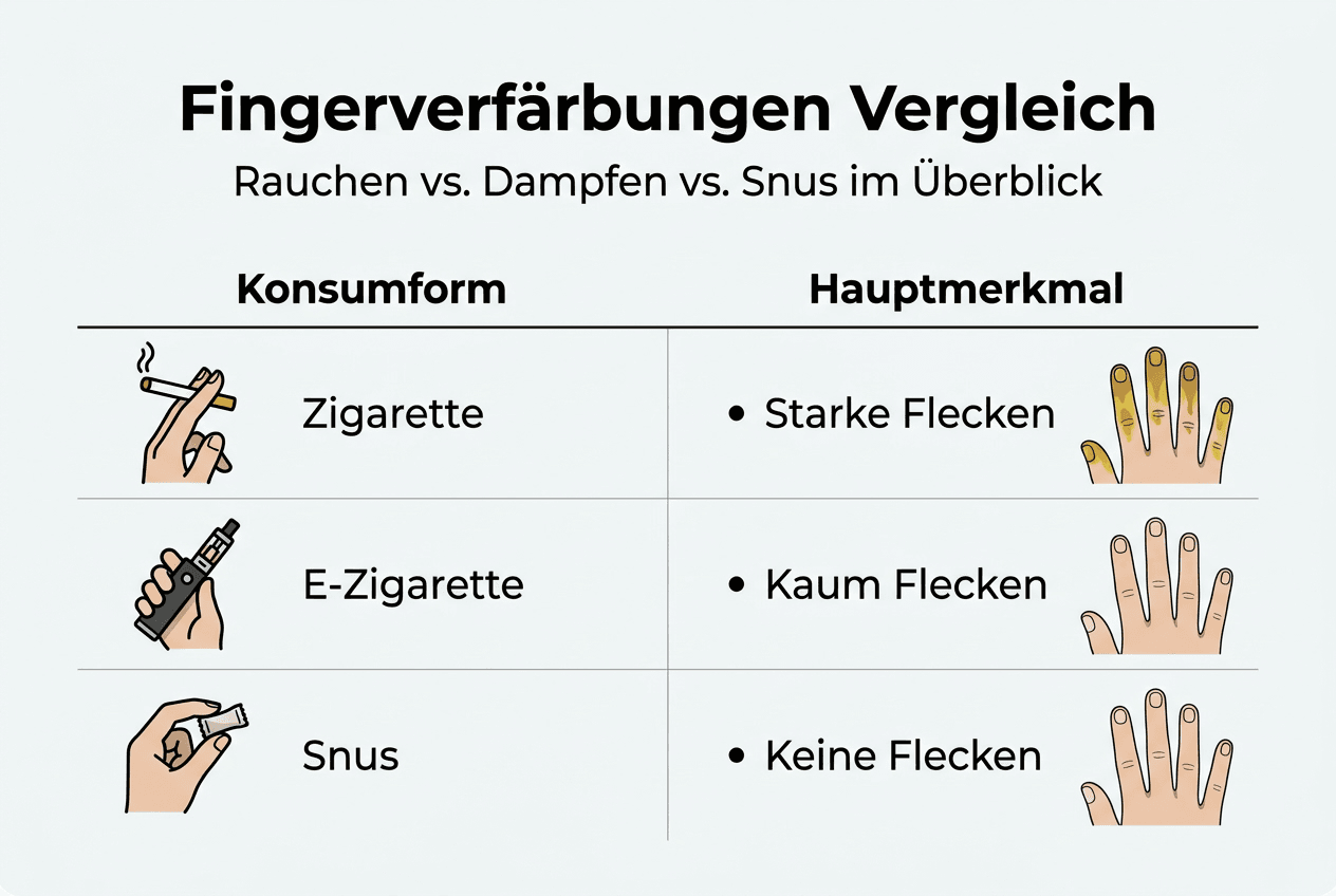 Infografik: Fingerverfärbungen durch Rauchen, Dampfen und Snus im Vergleich