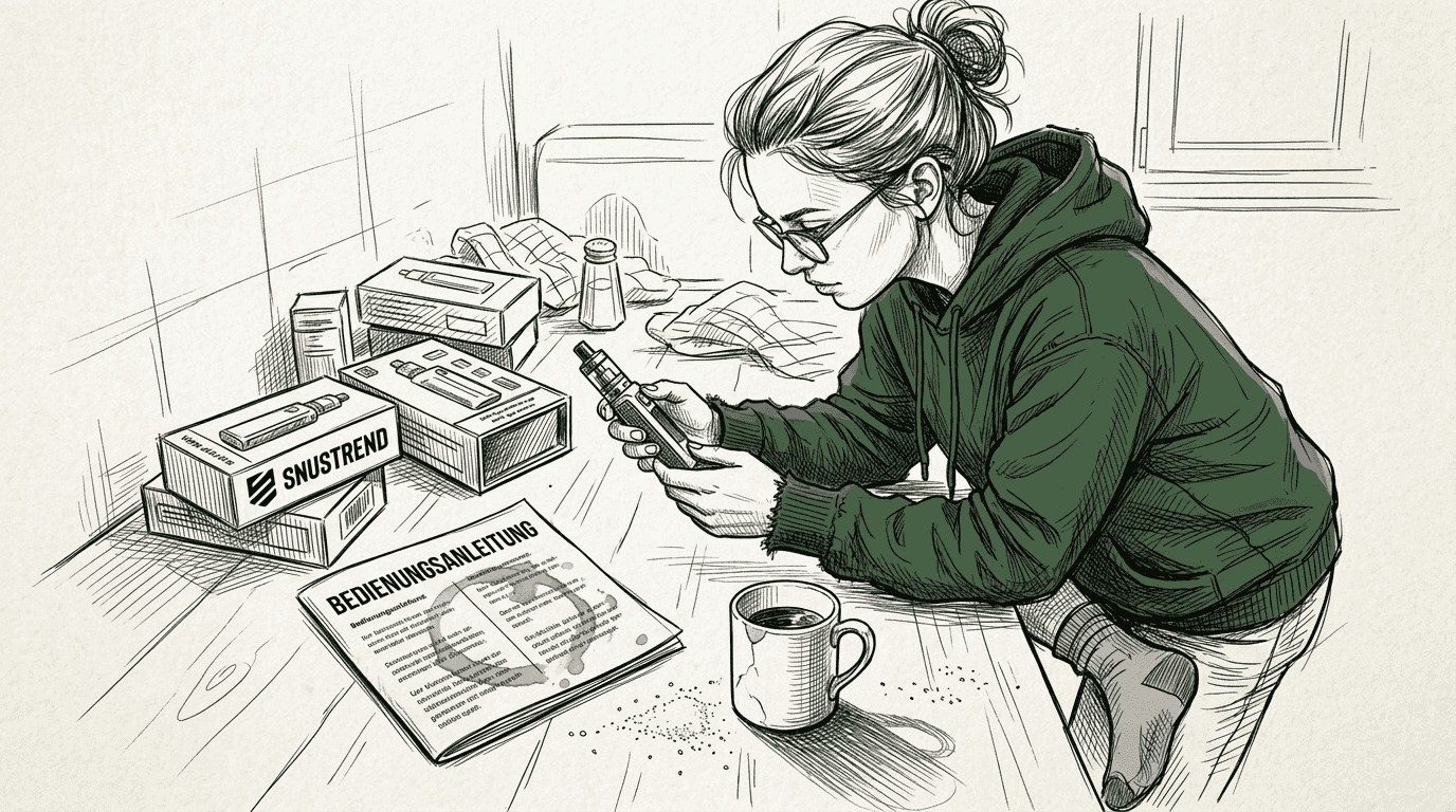 Eine Frau begutachtet ihr E-Zigaretten-Gerät in der Küche.