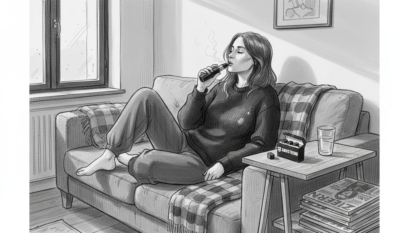 Eine Frau genießt entspannt ihren Menthol-Vape und lässt den Alltag hinter sich.