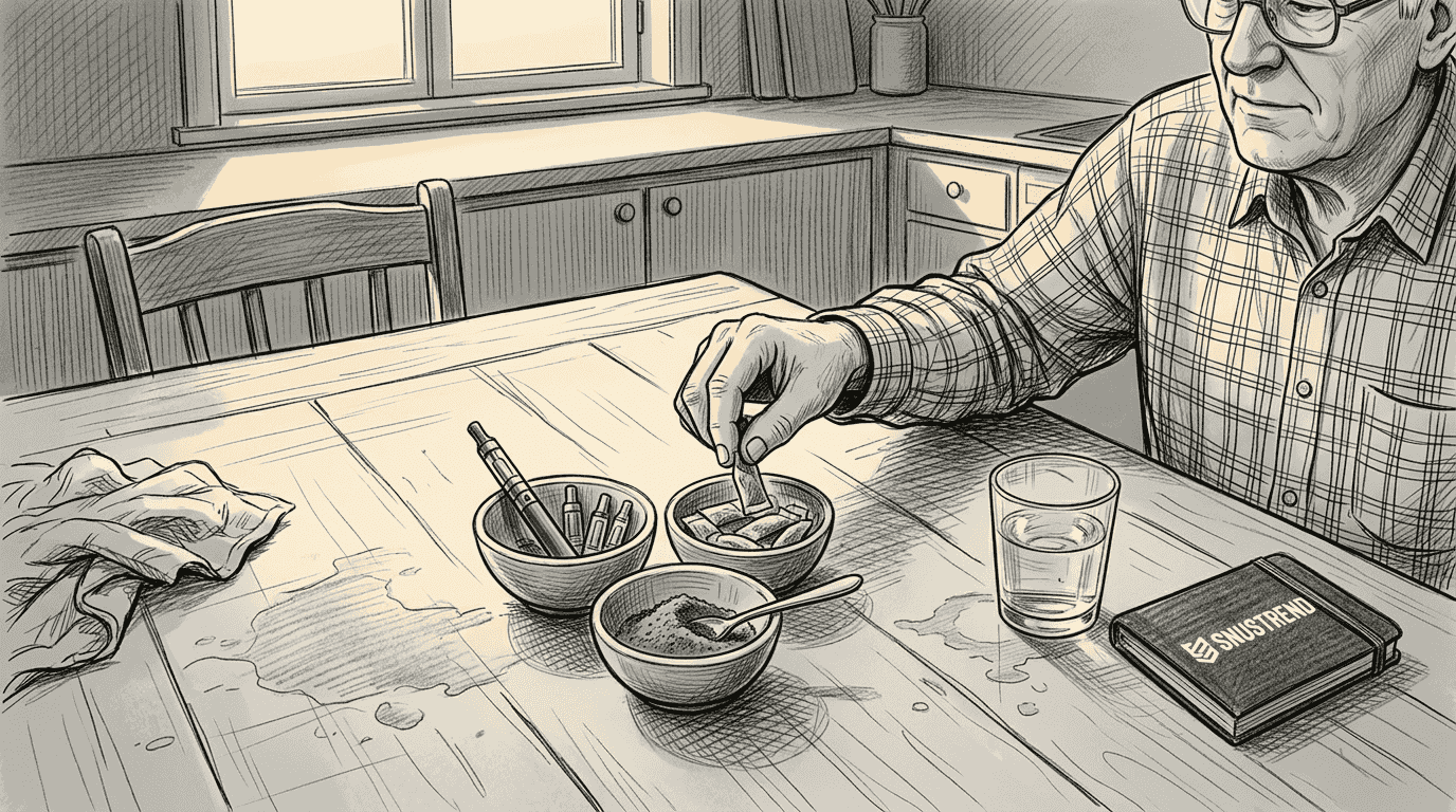 Snus, Vapes und Schnupftabak im direkten Vergleich – präsentiert auf einem rustikalen Holztisch