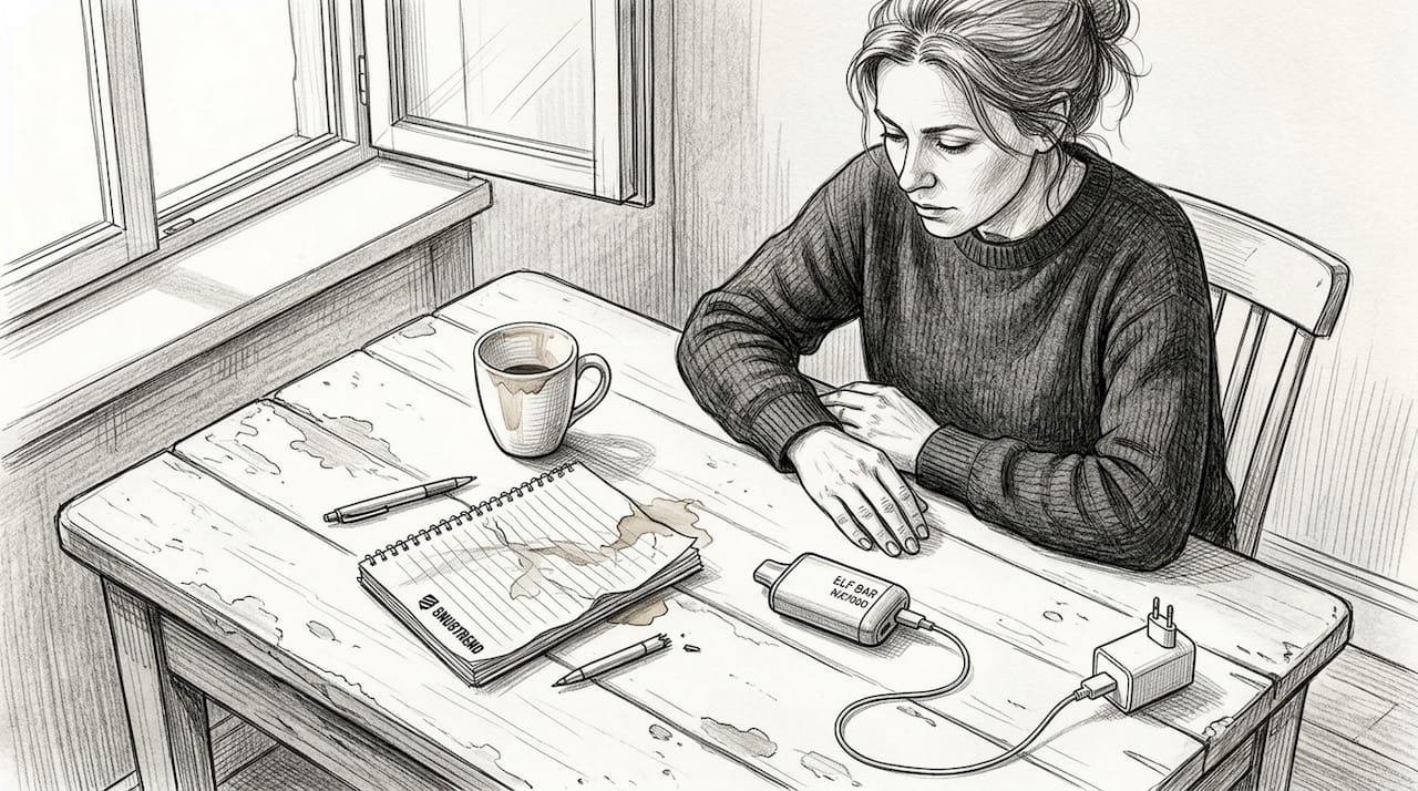 Am Küchentisch sitzt eine Frau und lädt ihre Elf Bar NX7000 auf.