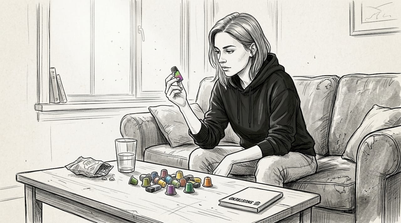 Eine Frau sitzt am Couchtisch und sortiert verschiedene Sikary Vape-Pods.