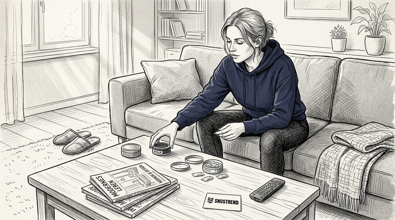 Im Wohnzimmer entscheidet sich eine Frau für eine Snus-Variante.