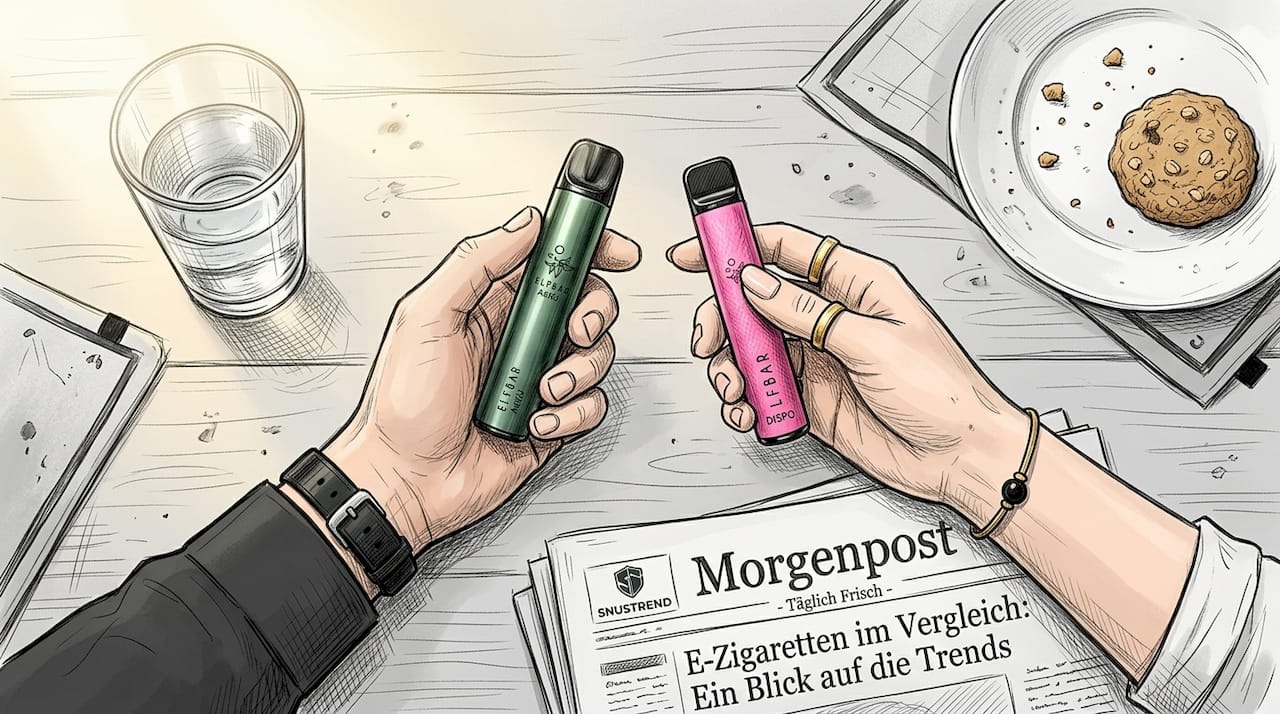 Zwei Elfbar E-Zigaretten liegen auf dem Tisch, während jemand sie aufmerksam miteinander vergleicht.