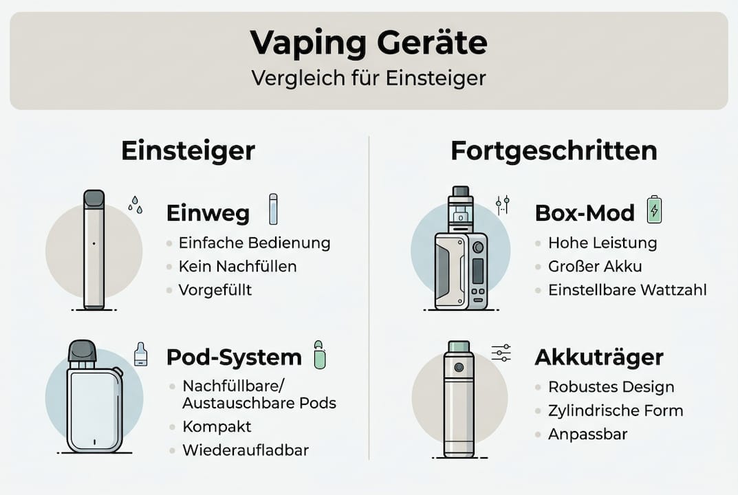 Übersichtsgrafik: Welche E-Zigaretten-Typen eignen sich am besten für Einsteiger?