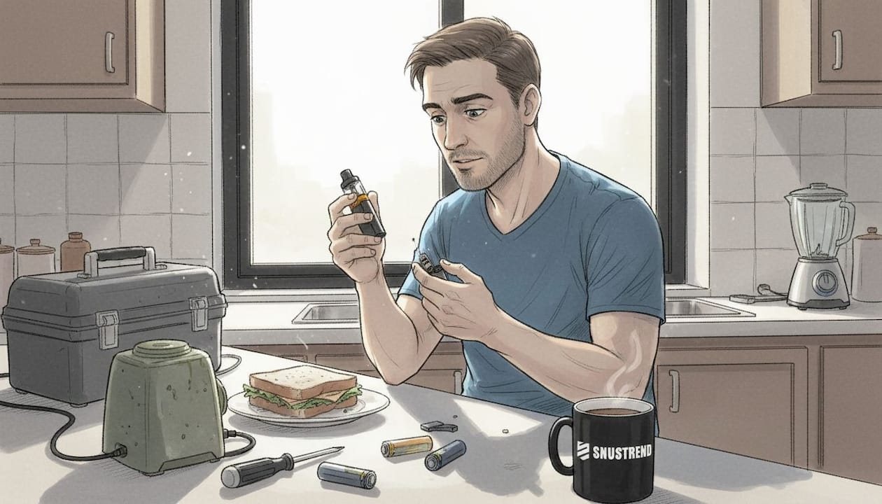 Ein Mann nimmt die technischen Komponenten einer Elfbar E-Zigarette genau unter die Lupe.