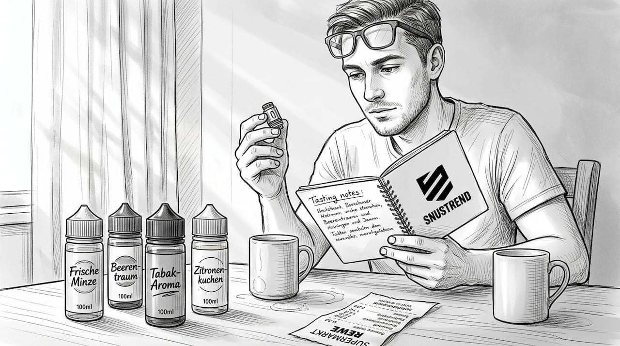 Ein Mann sitzt am Tisch und testet verschiedene E-Liquid-Sorten für seine E-Zigarette.