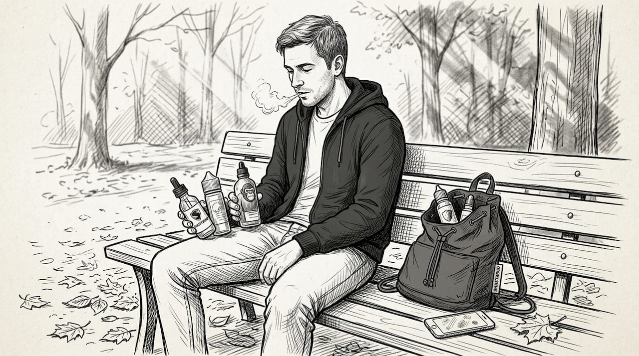 Ein Mann vergleicht verschiedene E-Liquid-Fläschchen im Freien.