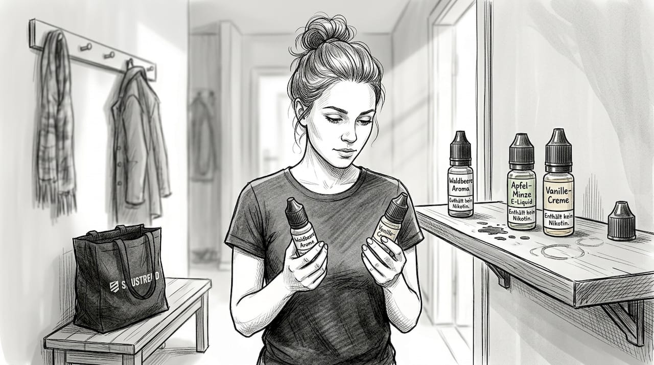 Eine Frau steht vor dem Regal und überlegt, welche E-Liquid-Sorte sie ausprobieren möchte.