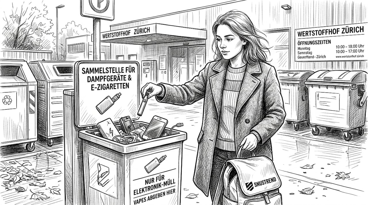 Eine Frau entsorgt ihren gebrauchten Einweg-Vape fachgerecht im Recycling-Behälter.