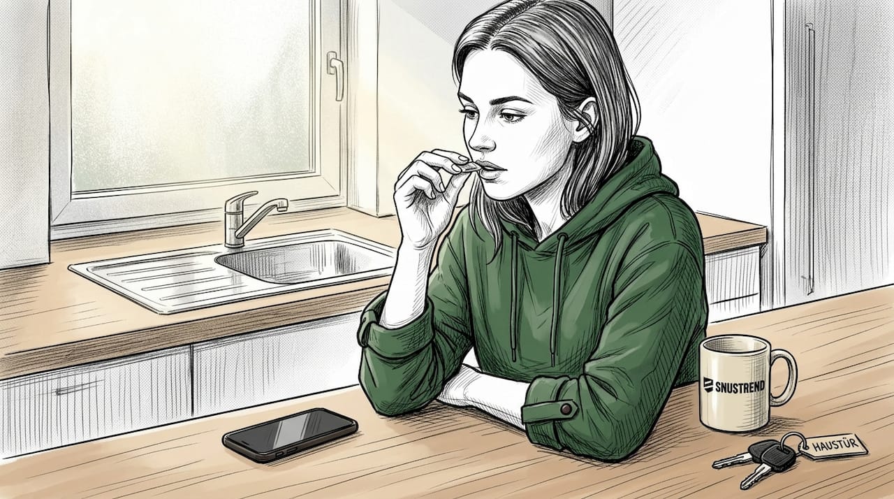 Eine Frau legt sich ein Snus-Portionstäschchen unter die Oberlippe.