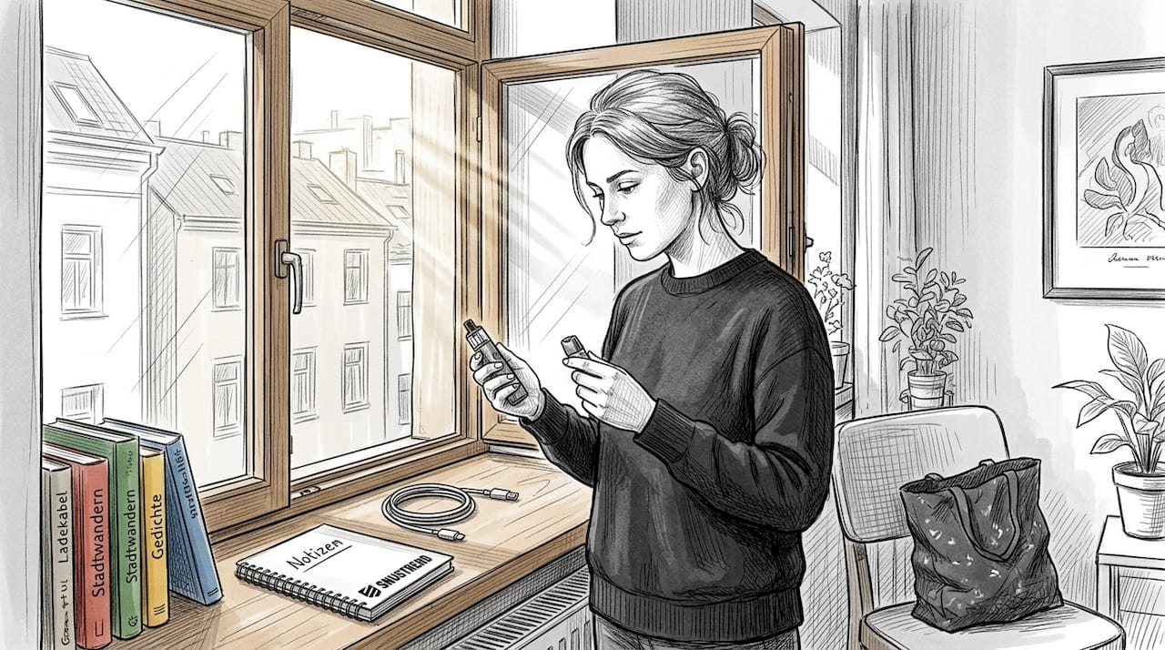 Eine Frau testet eine umweltfreundliche E-Zigarette und wechselt den Pod.