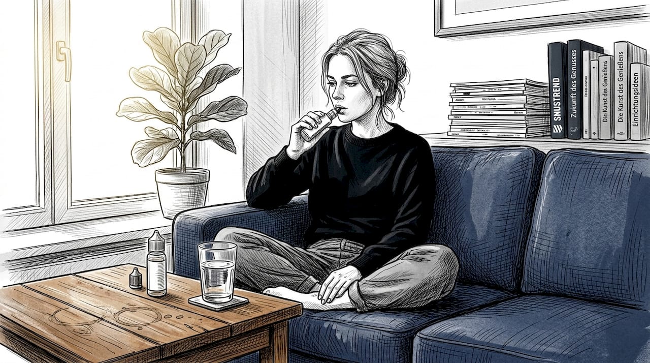 Eine Frau probiert zu Hause eine neue Geschmacksrichtung ihrer E-Zigarette aus.