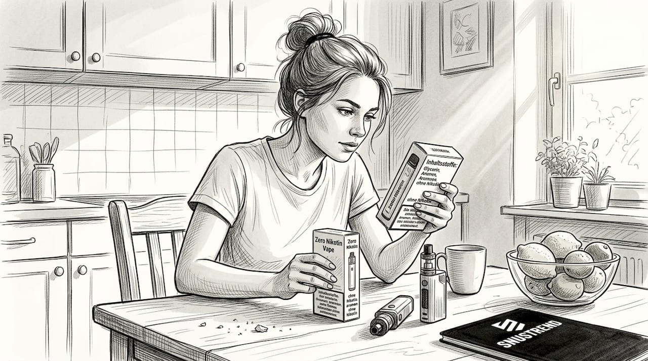 Eine junge Frau studiert aufmerksam die Inhaltsstoffe auf einer Vape-Verpackung.
