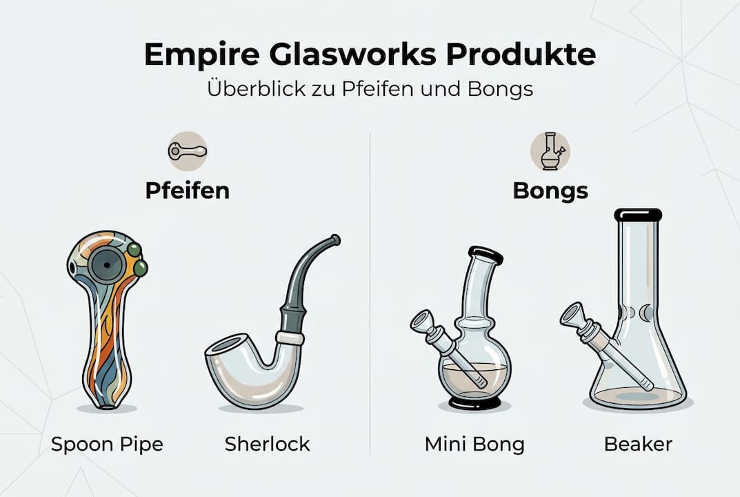 Empire Glasworks auf einen Blick: Übersicht über Pfeifen und Bongs in unserer Infografik