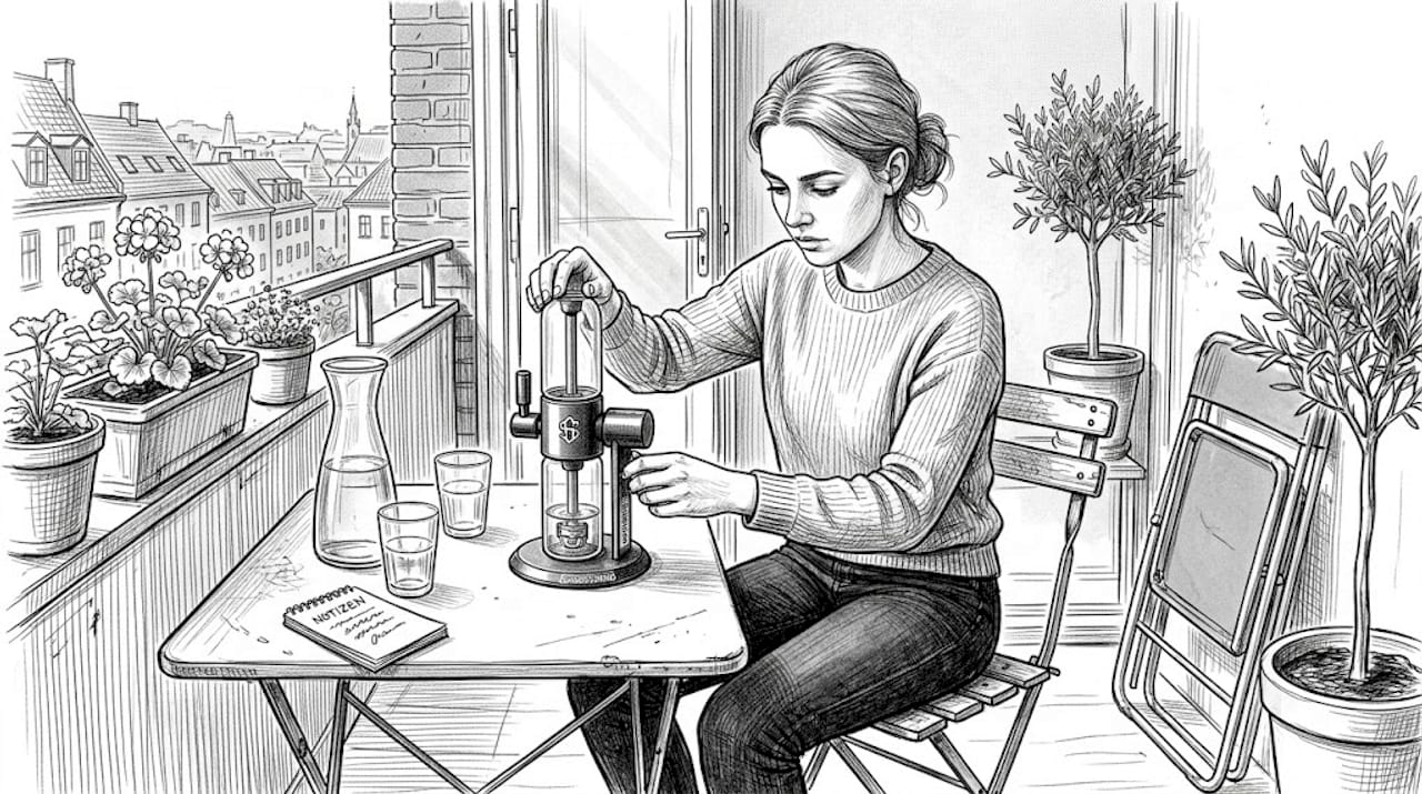 Eine Frau genießt auf ihrem Balkon das Stündenglass-Modul.