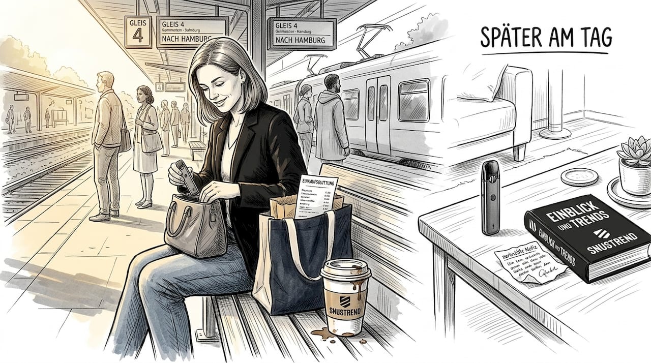 Eine Frau dampft mit ihrem Pod-Vape sowohl unterwegs als auch zu Hause.