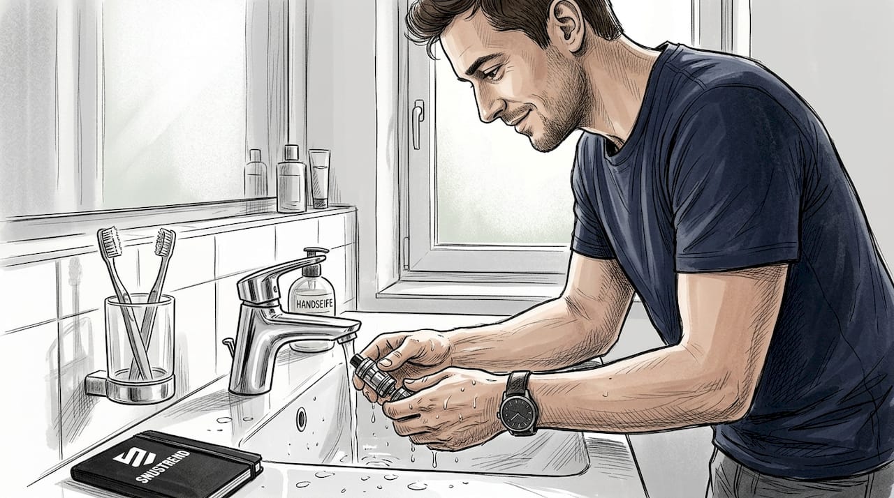 Ein Mann säubert seinen Verdampfer-Tank am Waschbecken im Bad.