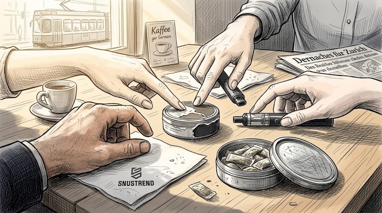 Zwei Hände greifen nach verschiedenen Snus- und Vape-Produkten und überlegen, welche Option besser passt.