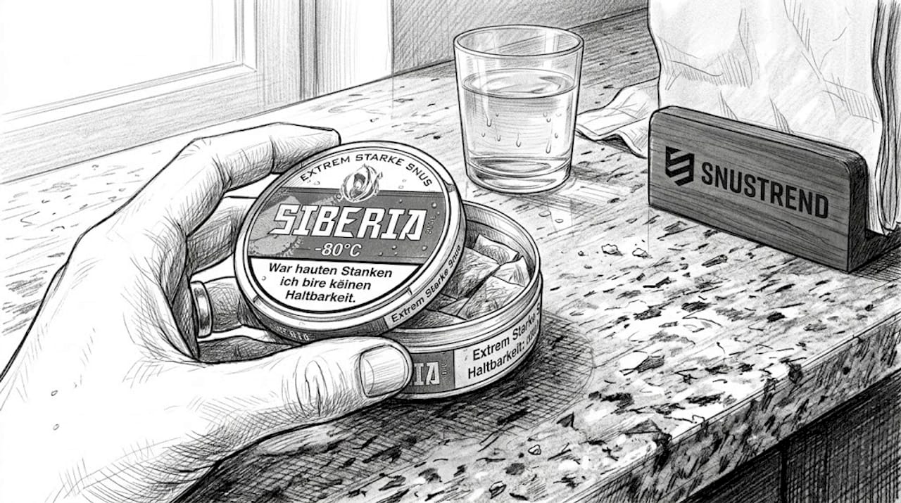 Eine Hand hält eine geöffnete Dose Siberia Snus.