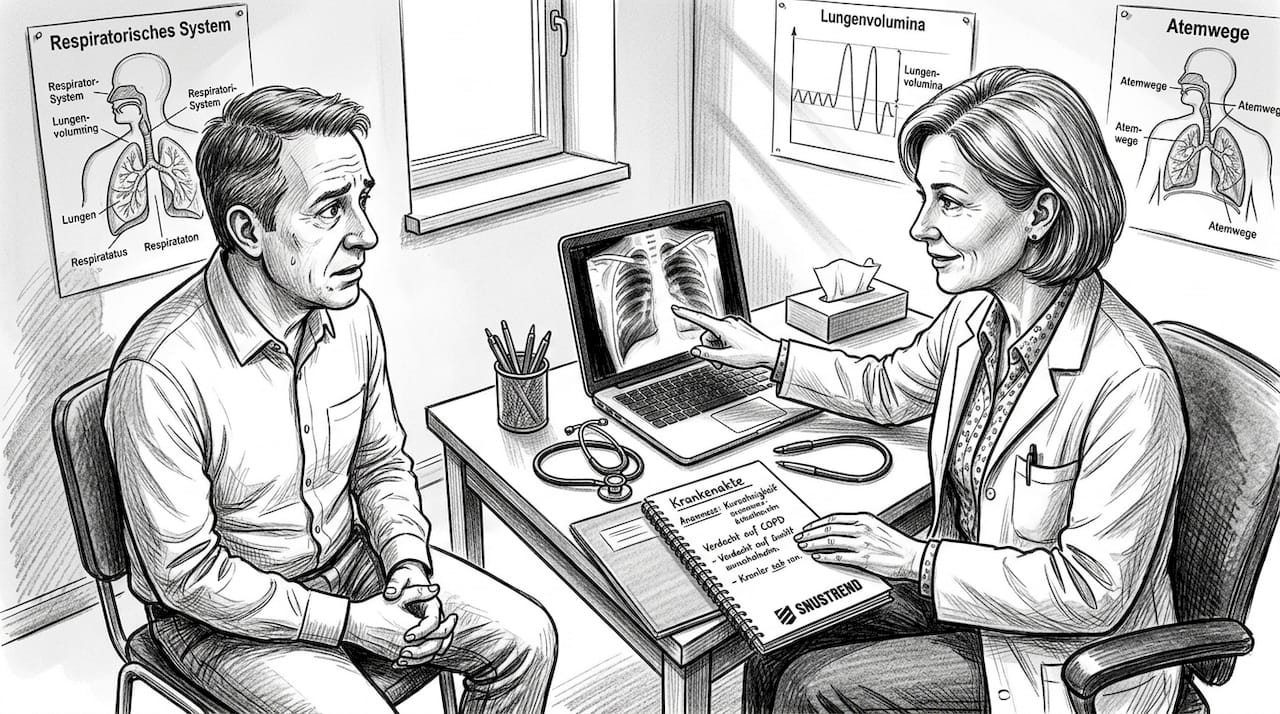 Ein Arzt bespricht mit seinem Patienten das Ergebnis einer Lungenaufnahme und erklärt ihm verständlich die Befunde auf dem Röntgenbild.