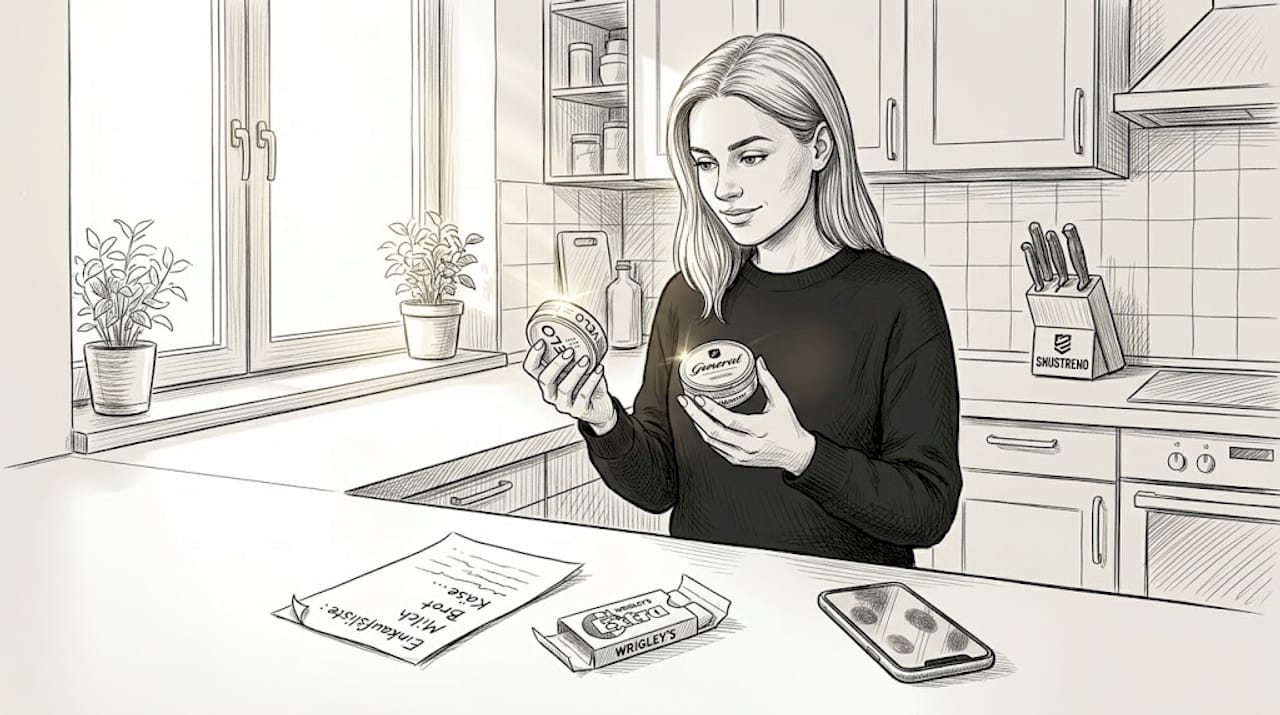 Eine Frau vergleicht aufmerksam zwei Snus-Dosen, die nebeneinander liegen.