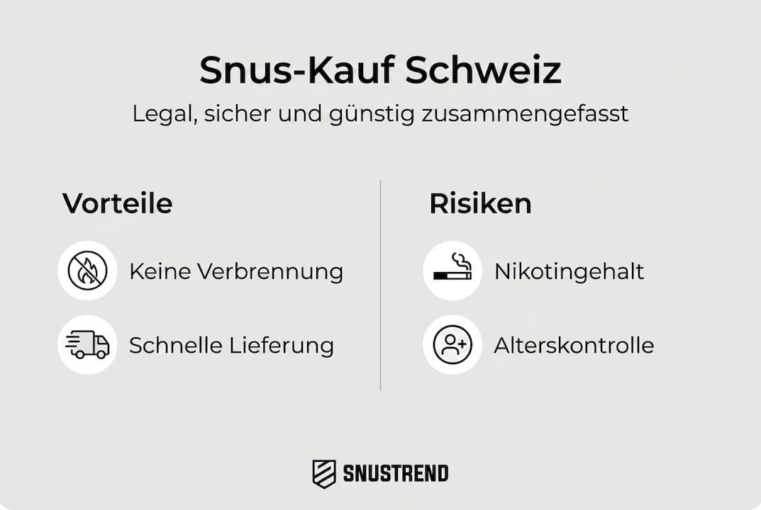 Infografik: Chancen und Risiken beim Kauf von Snus in der Schweiz auf einen Blick
