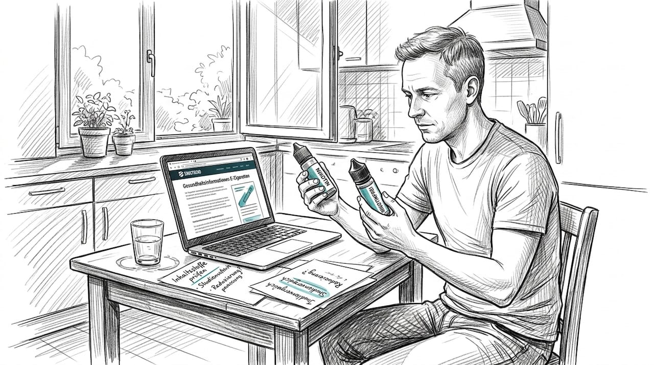 Ein Mann testet verschiedene Vape-Liquids in seiner hellen Küche und vergleicht die Geschmacksrichtungen.