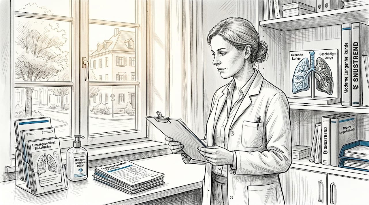 Eine Ärztin blickt im Behandlungszimmer in die Patientenakte, während neben ihr ein Lungenmodell steht.