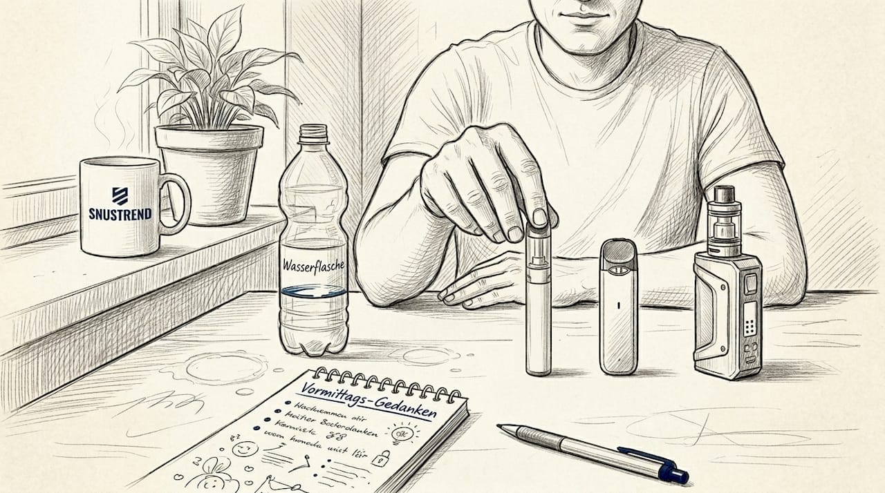 Auf dem Küchentisch liegen drei verschiedene Vape-Modelle nebeneinander.