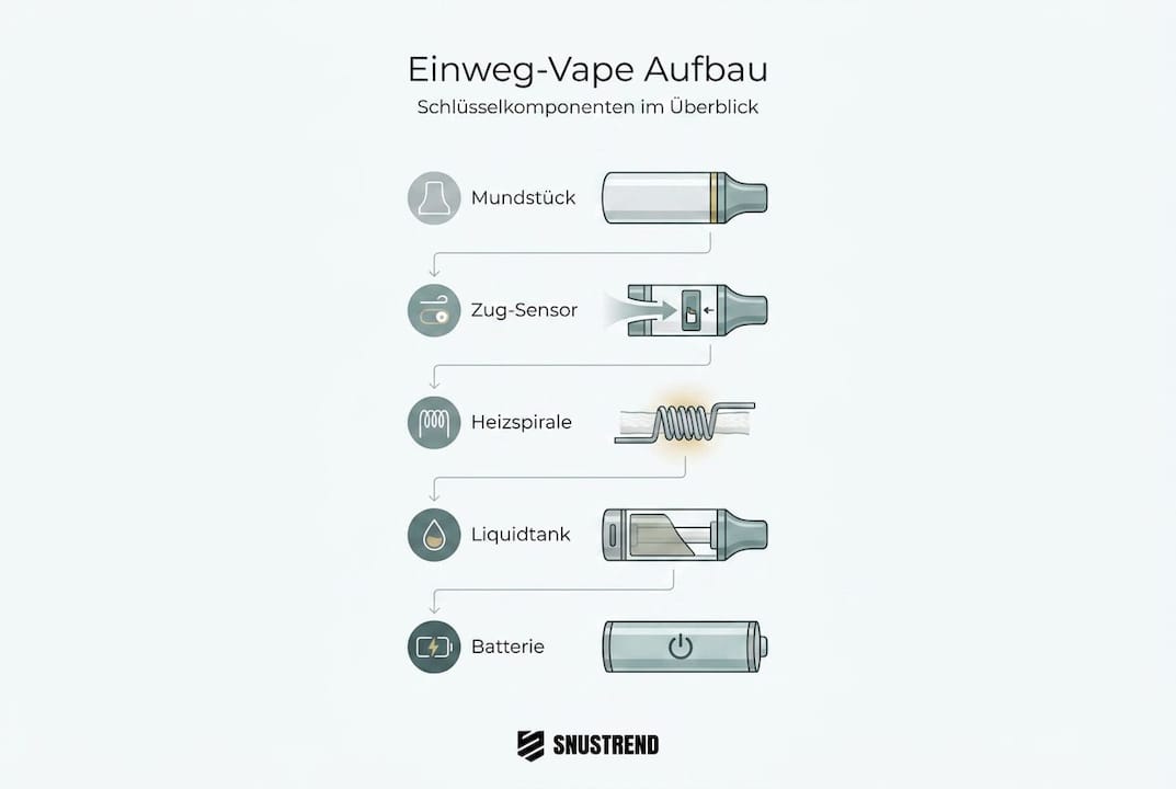 Die Grafik veranschaulicht den Aufbau einer Einweg-E-Zigarette und zeigt, aus welchen Teilen sie besteht.