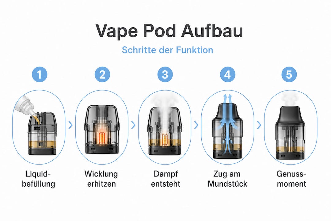 Die Infografik veranschaulicht anschaulich, wie ein Vape Pod Schritt für Schritt funktioniert.