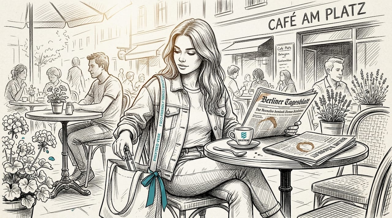 Eine Frau holt ihren Vape-Pen am Café-Tisch aus der Tasche.