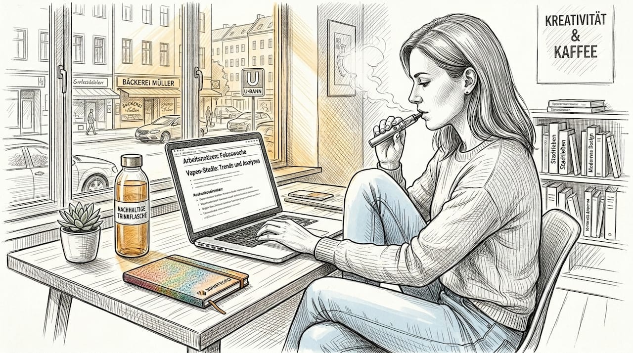 Eine Frau sitzt an ihrem Schreibtisch im Büro und zieht an ihrer E-Zigarette.