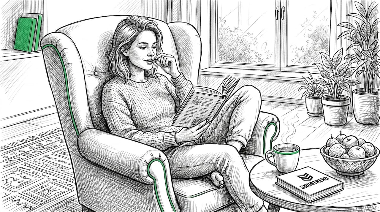 Eine Frau sitzt entspannt auf dem Sofa und genießt einen Snus-Beutel.