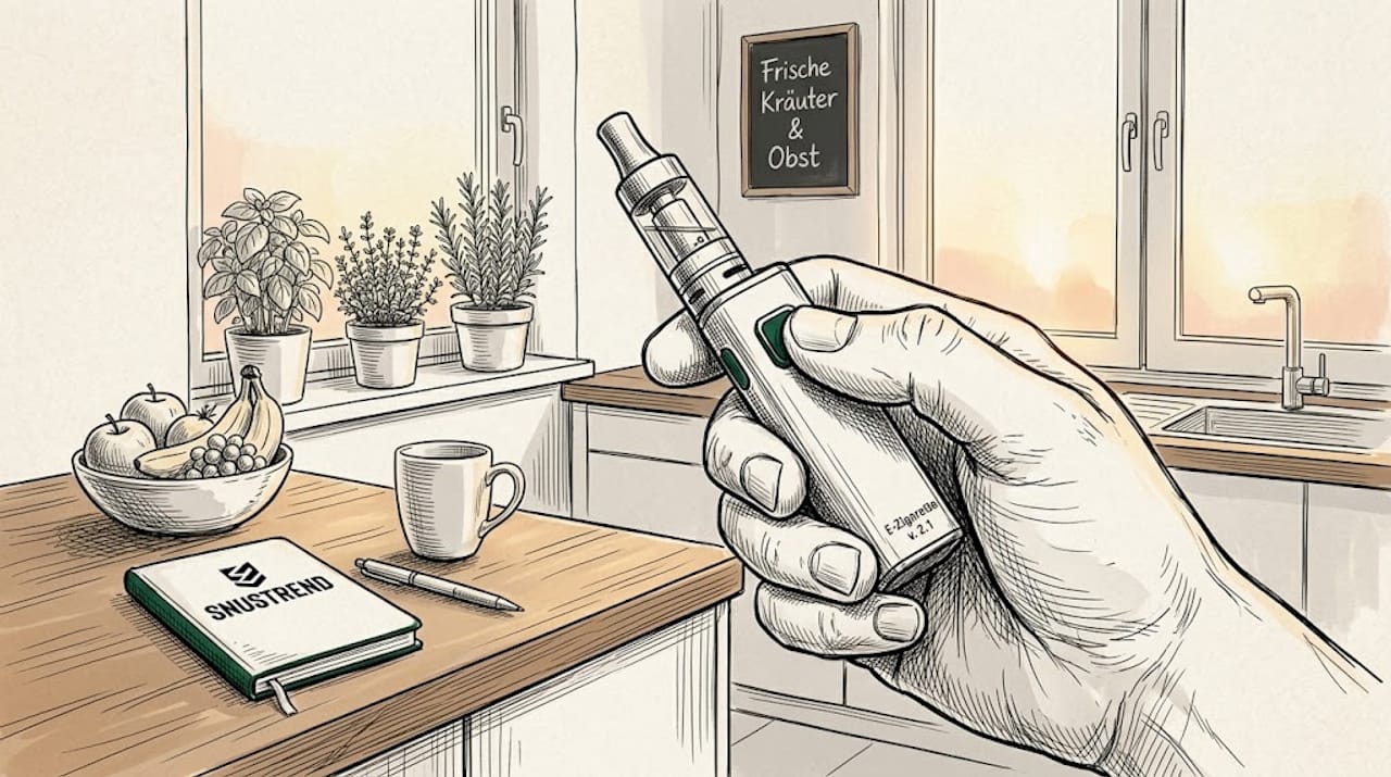 Eine Hand hält ein kompaktes E-Zigaretten-Gerät im Wohnzimmer.