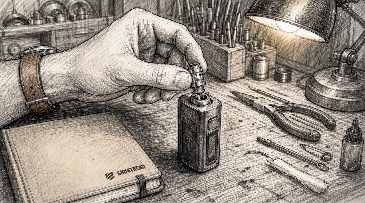 Eine Hand schraubt im Detail einen Verdampferkopf für die E-Zigarette ein.