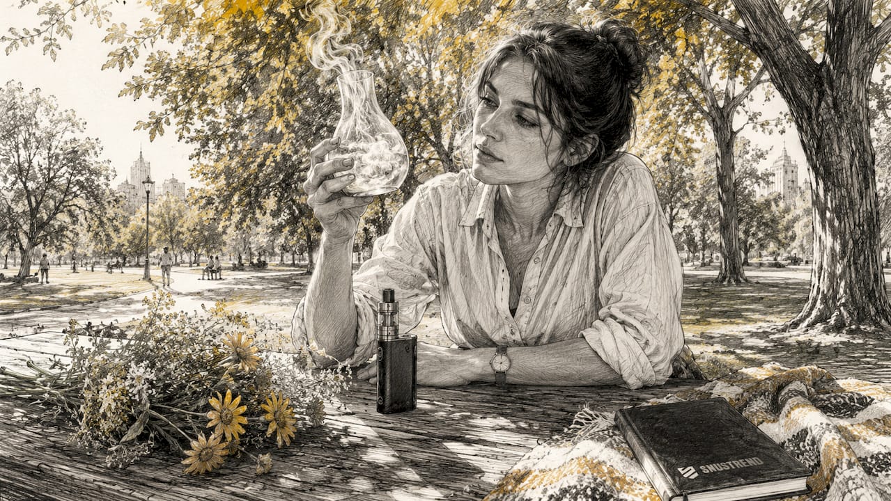 Zwei Hände umschließen ein Glas, aus dem Vape-Dampf aufsteigt – das Ganze auf einem Café-Tisch.