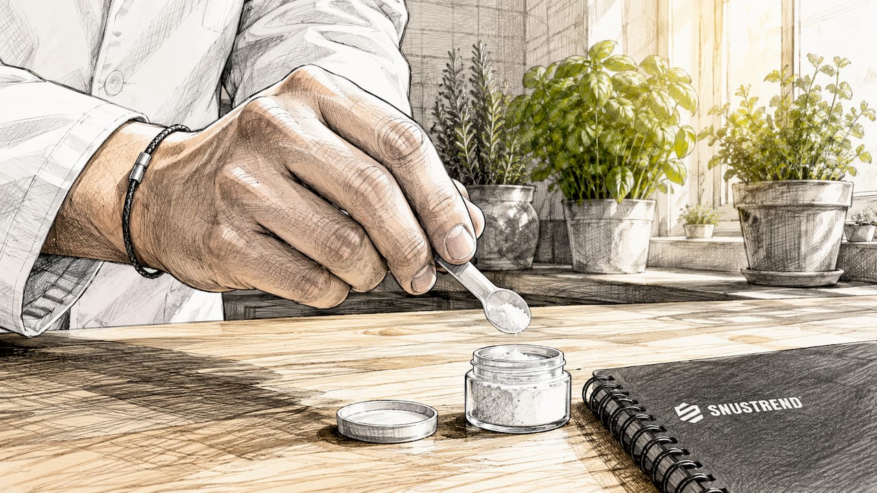 Hand mit Koffein-Schnupfpulver und Kräutermischung