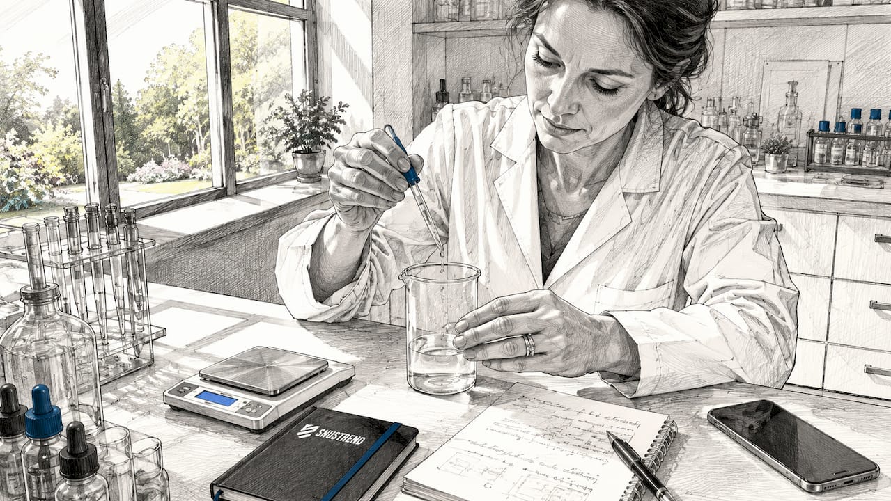 Eine Frau überprüft den Nikotingehalt ihres Vape-Liquids.