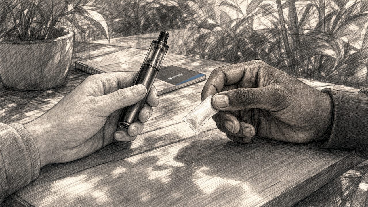 Auf dem Tisch liegen eine E-Zigarette und ein Nikotinbeutel, daneben ruhen Hände.