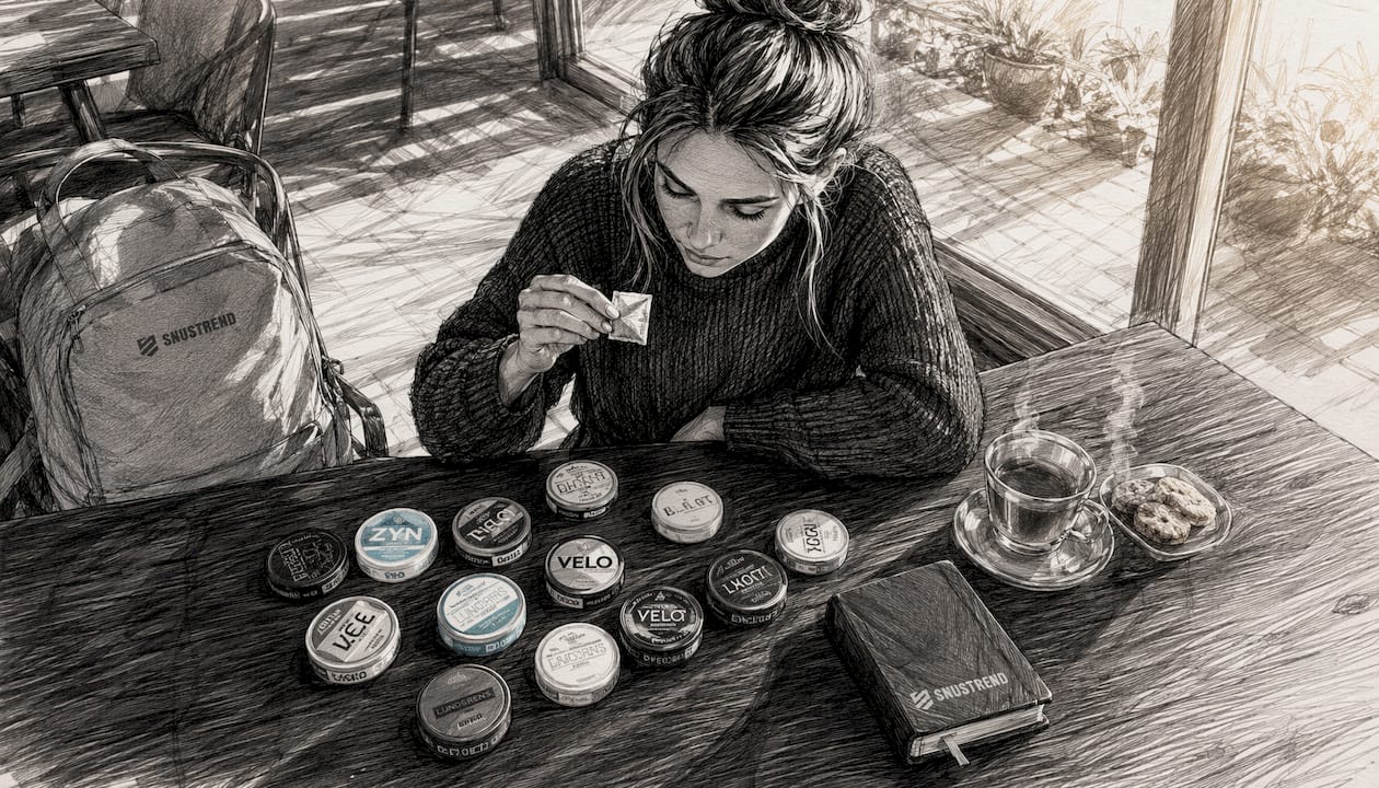 Eine Frau testet und vergleicht verschiedene Nikotinbeutel (Snus) miteinander.