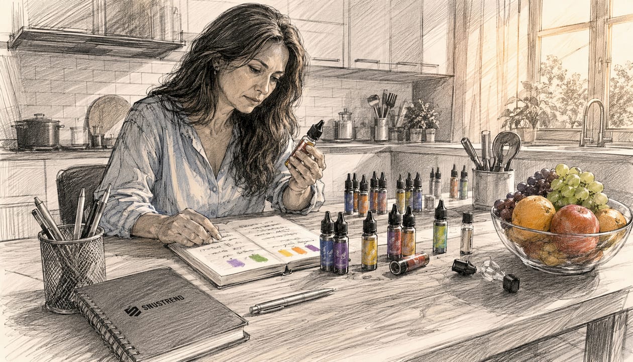 Eine Frau hält eine Flasche mit E-Liquid in der Hand und hält sie dicht vor sich.