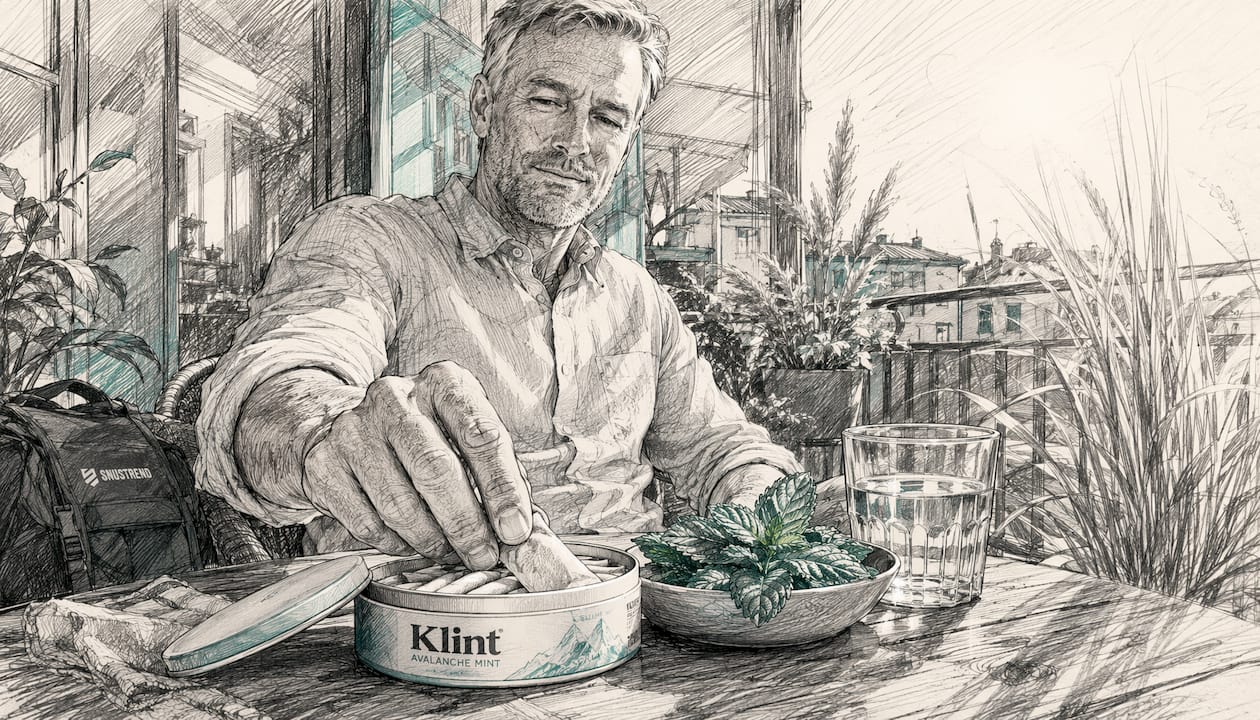 Eine Hand greift nach einem Klint Avalanche Mint Snus-Beutel.